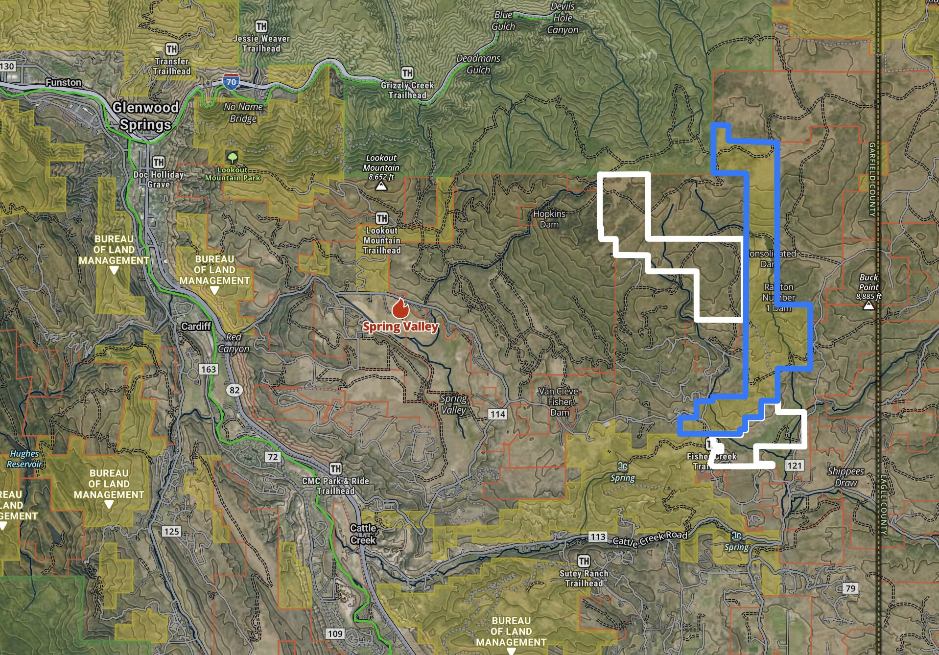 Map near Glenwood Springs showing the existing Out of Bounds Ranch boundary in white and the adjoining BLM parcel near Consolidated Reservoir, outlined in blue, that would transfer to the ranch.