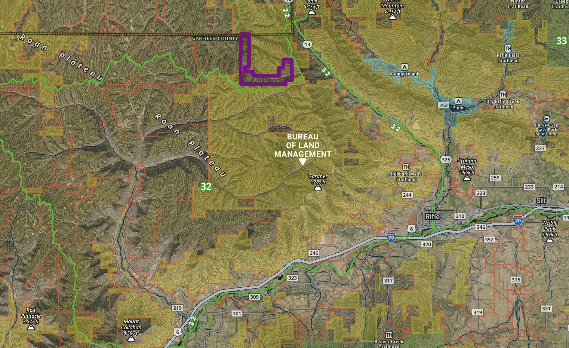 Map near Rifle and the Roan Plateau showing the private ranch parcels outlined in purple that would be transferred to public ownership.